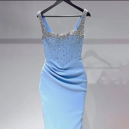 Luxury Dubai Saudi Blue Crystal Beaded Spaghetti Strap Mermaid Evening Dress Gown with Split for Formal Occasion LA72739 - SERENE HILL