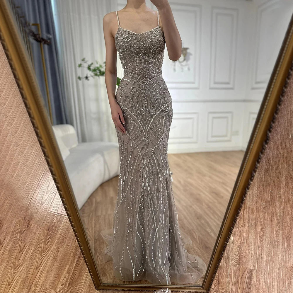 Luxury Dubai Saudi Caramel Beaded Spaghetti Strap Arabic Mermaid Evening Dress Gown for Formal Occasion LA72733 - SERENE HILL