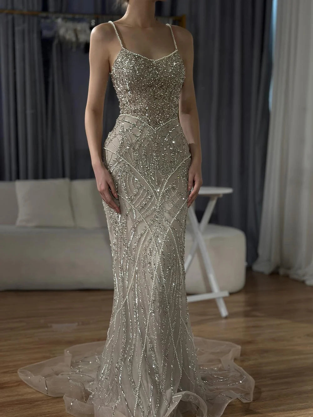 Luxury Dubai Saudi Caramel Beaded Spaghetti Strap Arabic Mermaid Evening Dress Gown for Formal Occasion LA72733 - SERENE HILL