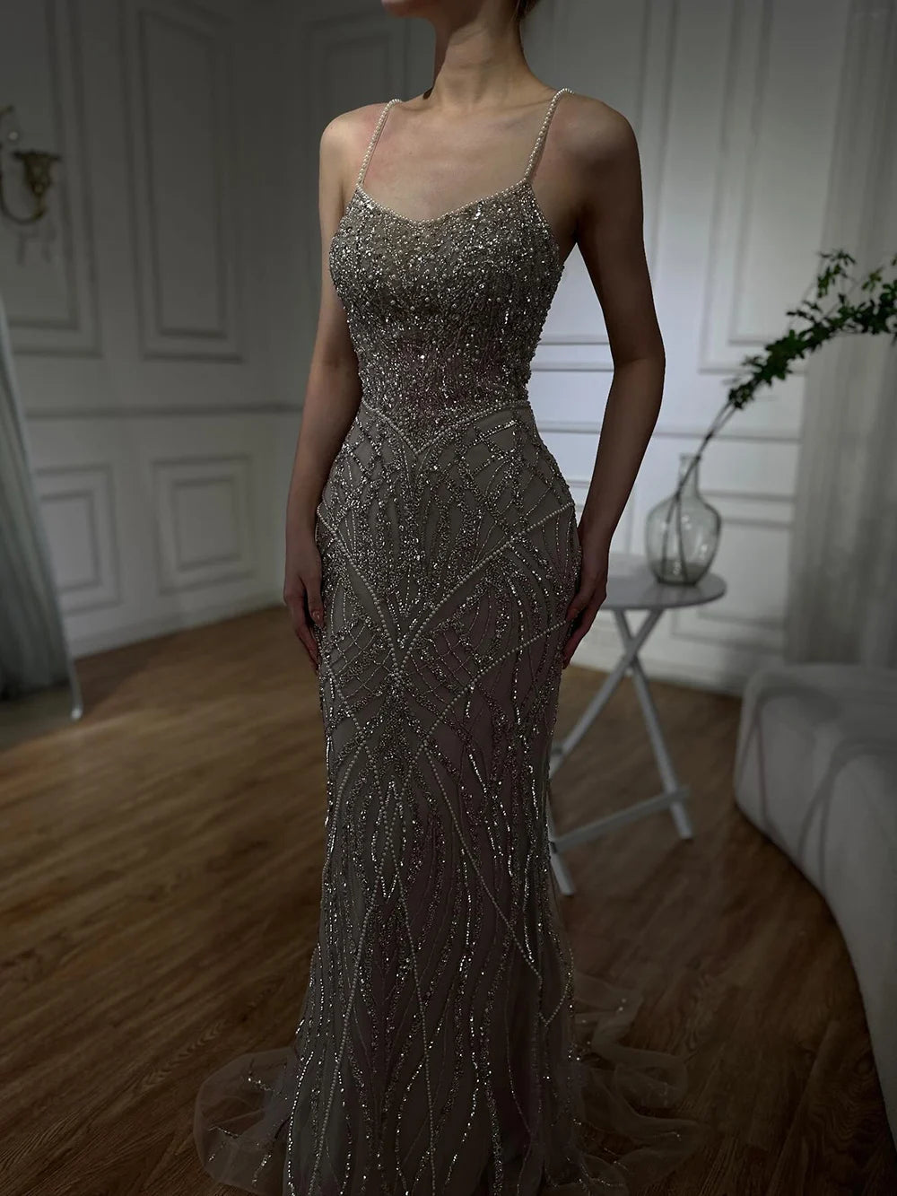Luxury Dubai Saudi Caramel Beaded Spaghetti Strap Arabic Mermaid Evening Dress Gown for Formal Occasion LA72733 - SERENE HILL