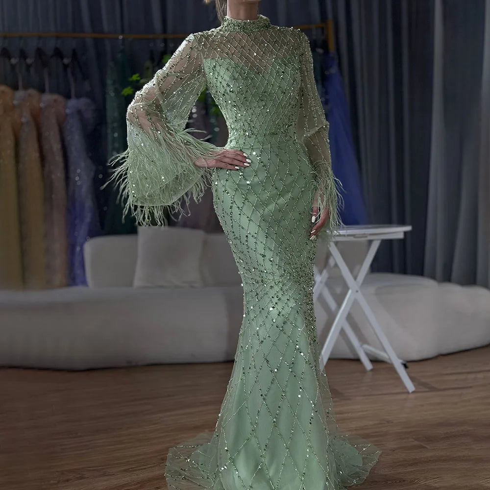 Luxury Dubai Caramel Beaded Feathers Mermaid Evening Dress LA72394A - SERENE HILL