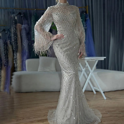 Luxury Dubai Caramel Beaded Feathers Mermaid Evening Dress LA72394A - SERENE HILL