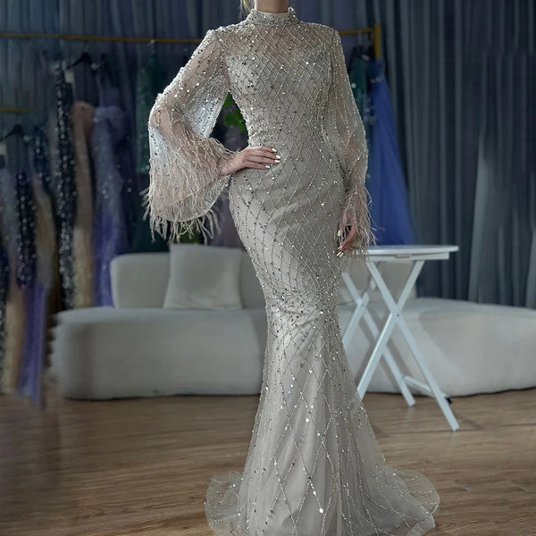 Luxury Dubai Caramel Beaded Feathers Mermaid Evening Dress LA72394A