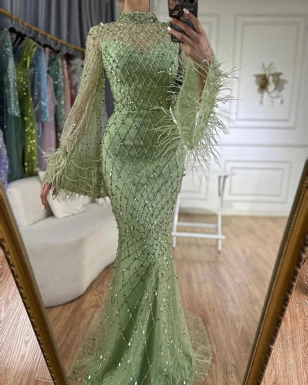 Luxury Dubai Caramel Beaded Feathers Mermaid Evening Dress LA72394A - SERENE HILL