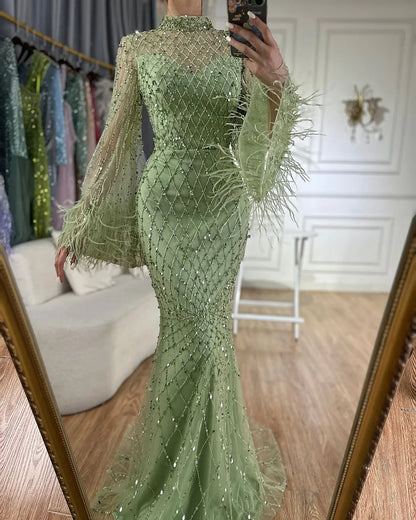 Luxury Dubai Caramel Beaded Feathers Mermaid Evening Dress LA72394A - SERENE HILL