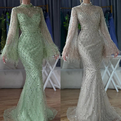 Luxury Dubai Caramel Beaded Feathers Mermaid Evening Dress LA72394A - SERENE HILL