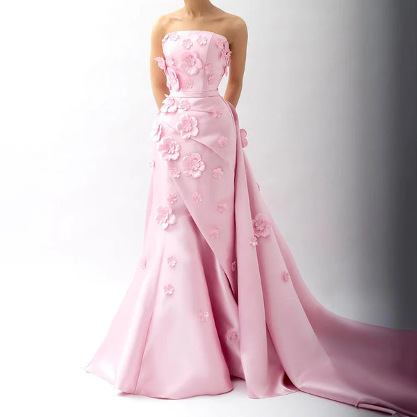 Luxury Dubai  Saudi Pink Ruched Appliques Satin Mermaid Evening Dress Gown Lace-Up Back for Formal Occasion LA72740