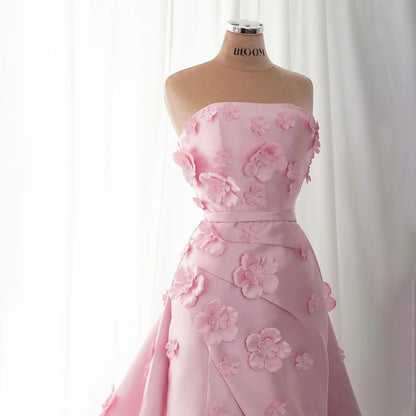 Luxury Dubai Saudi Pink Ruched Appliques Satin Mermaid Evening Dress Gown Lace-Up Back for Formal Occasion LA72740 - SERENE HILL