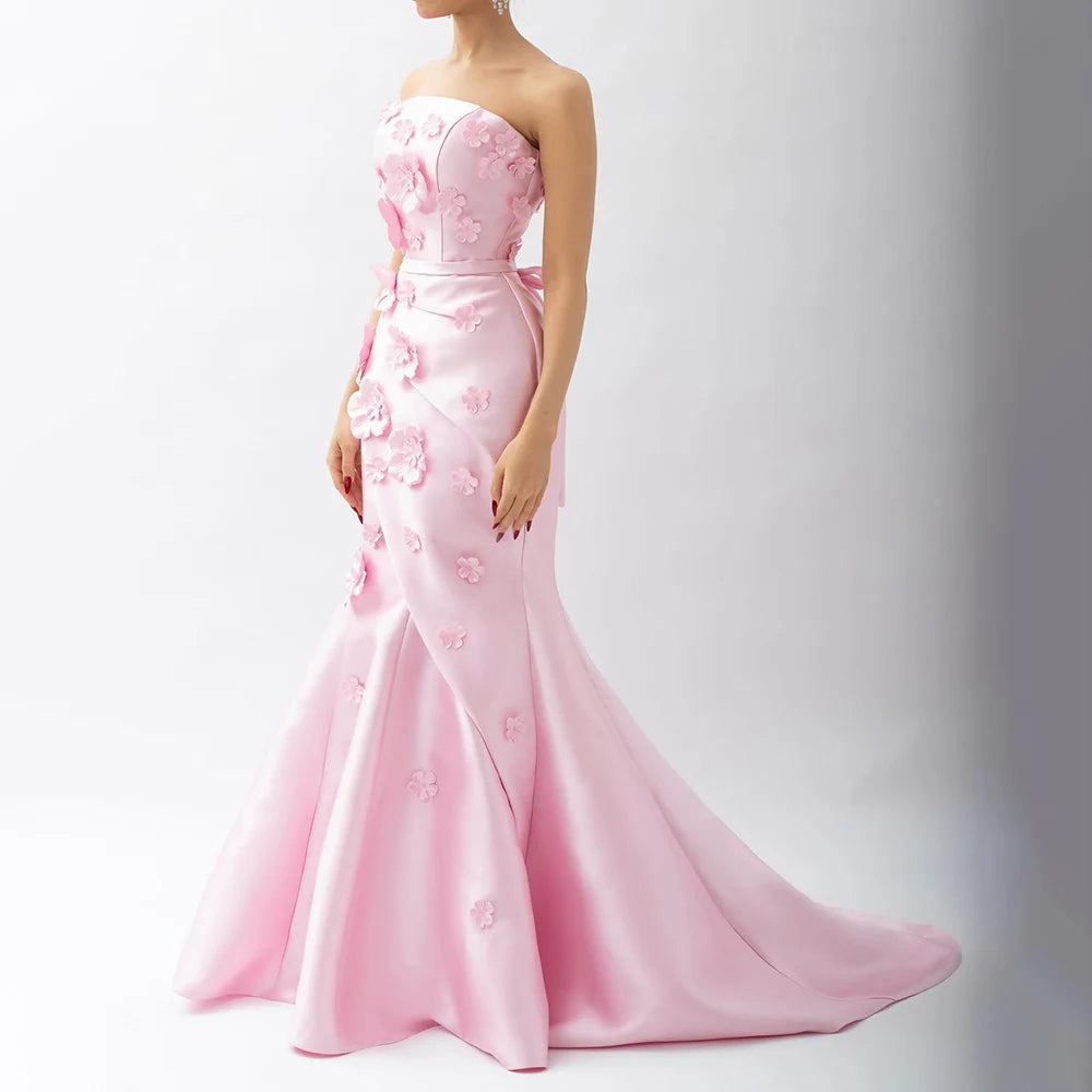 Luxury Dubai Saudi Pink Ruched Appliques Satin Mermaid Evening Dress Gown Lace-Up Back for Formal Occasion LA72740 - SERENE HILL