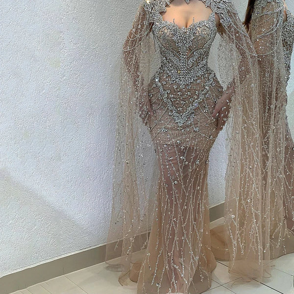 Luxury Designer Nude Beaded Crystal Evening Dress with Detachable Cape Sleeves LA72539