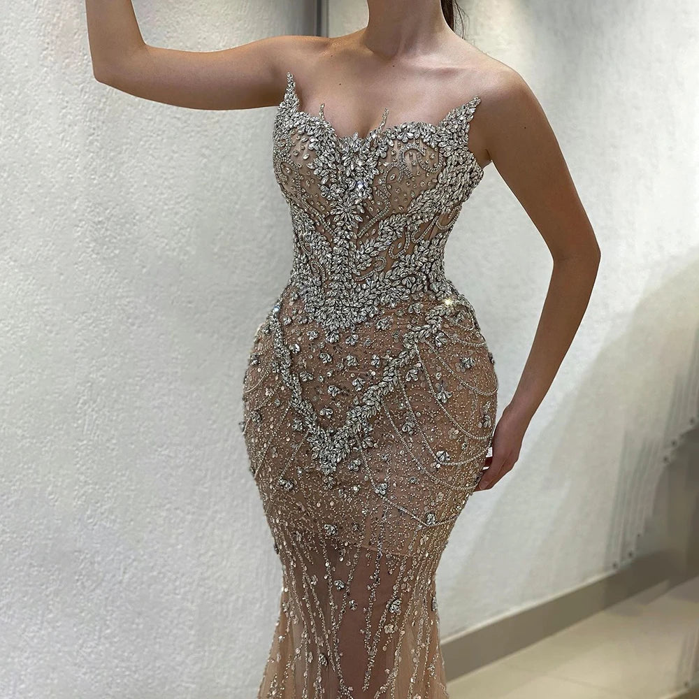 Luxury Designer Nude Beaded Crystal Evening Dress with Detachable Cape Sleeves LA72539 - SERENE HILL