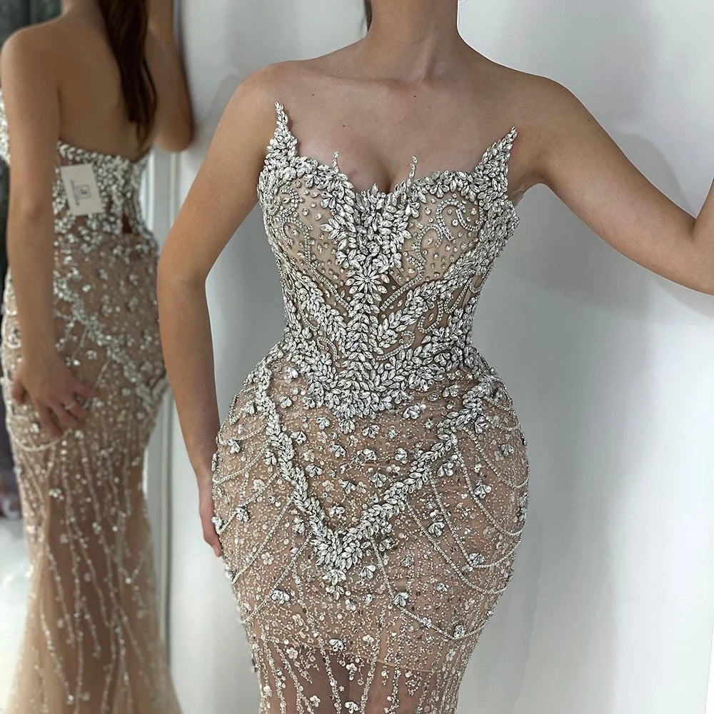 Luxury Designer Nude Beaded Crystal Evening Dress with Detachable Cape Sleeves LA72539 - SERENE HILL