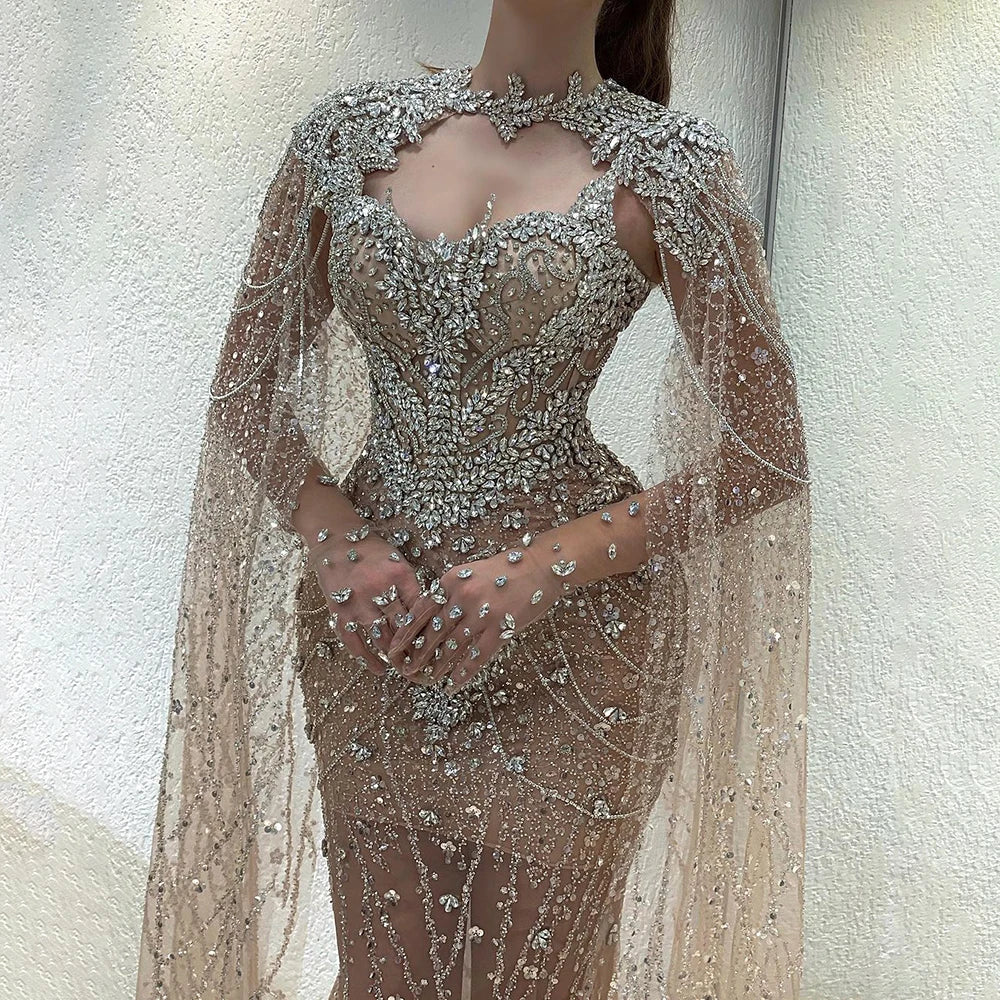 Luxury Designer Nude Beaded Crystal Evening Dress with Detachable Cape Sleeves LA72539 - SERENE HILL