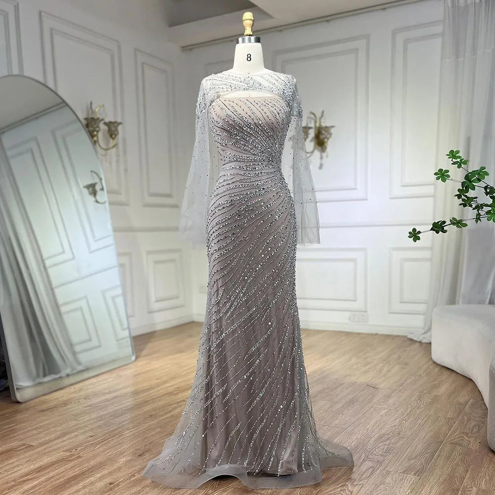 Serene Hill 2025 Sliver Nude Elegant With Cloak Beaded Luxury Evening Dresses Gowns Mermaid for Women Wedding Party LA71380 - SERENE HILL