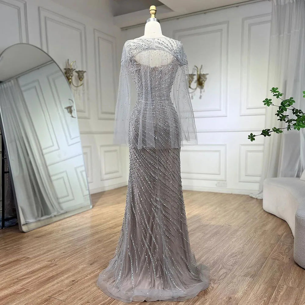 Serene Hill 2025 Sliver Nude Elegant With Cloak Beaded Luxury Evening Dresses Gowns Mermaid for Women Wedding Party LA71380 - SERENE HILL
