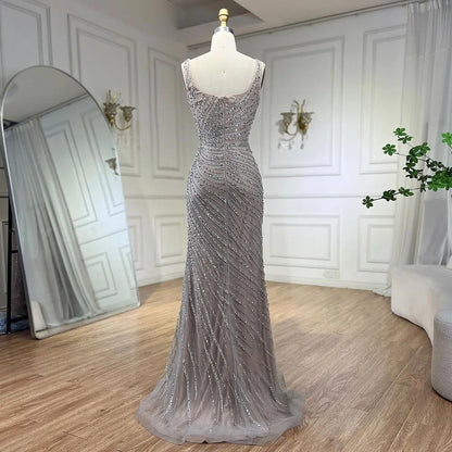 Serene Hill 2025 Sliver Nude Elegant With Cloak Beaded Luxury Evening Dresses Gowns Mermaid for Women Wedding Party LA71380 - SERENE HILL