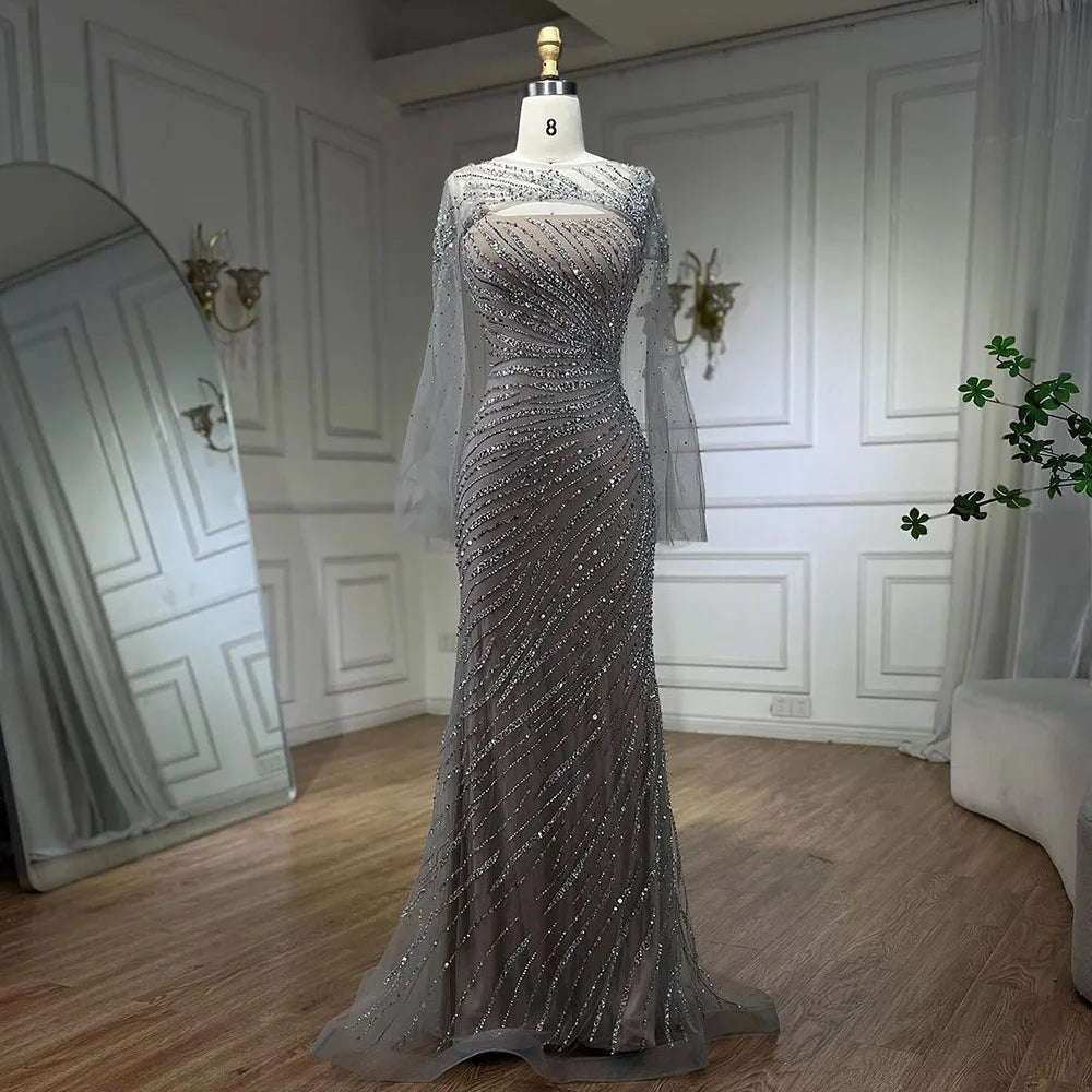 Serene Hill 2025 Sliver Nude Elegant With Cloak Beaded Luxury Evening Dresses Gowns Mermaid for Women Wedding Party LA71380 - SERENE HILL