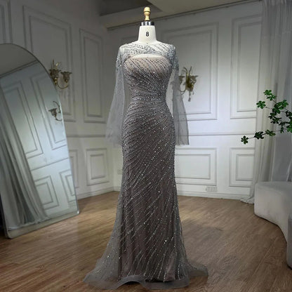 Serene Hill 2025 Sliver Nude Elegant With Cloak Beaded Luxury Evening Dresses Gowns Mermaid for Women Wedding Party LA71380 - SERENE HILL