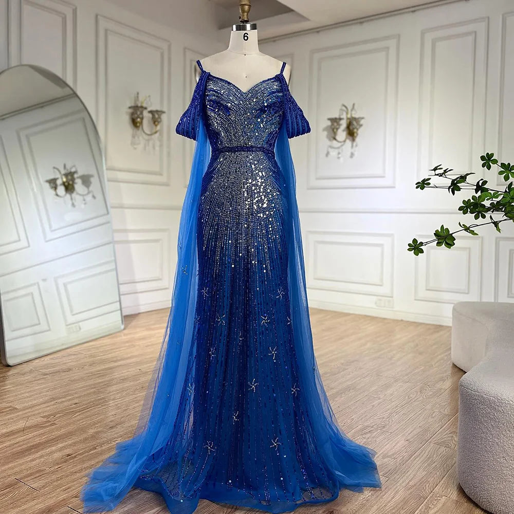 Serene Hill Spaghetti Strap Blue Mermaid Beaded Luxury Evening Dress with Cape Sleeves for Formal Occasion Saudi LA72707 - SERENE HILL