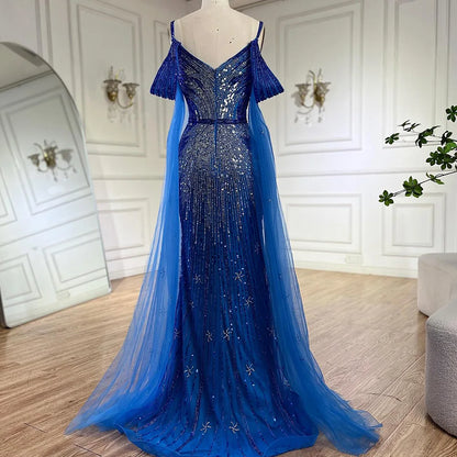 Serene Hill Spaghetti Strap Blue Mermaid Beaded Luxury Evening Dress with Cape Sleeves for Formal Occasion Saudi LA72707 - SERENE HILL