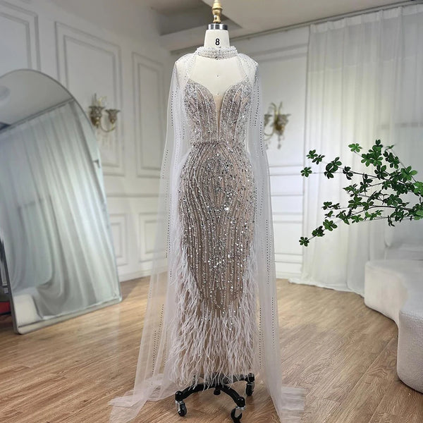 White Nude Beaded Feathers Evening Dress with Cape Sleeves LA72047A