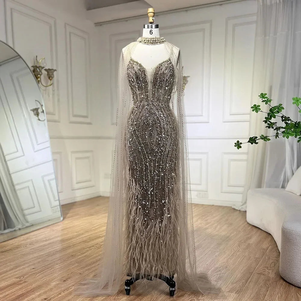White Nude Beaded Feathers Evening Dress with Cape Sleeves LA72047A - SERENE HILL