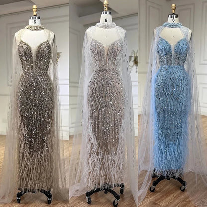 White Nude Beaded Feathers Evening Dress with Cape Sleeves LA72047A - SERENE HILL