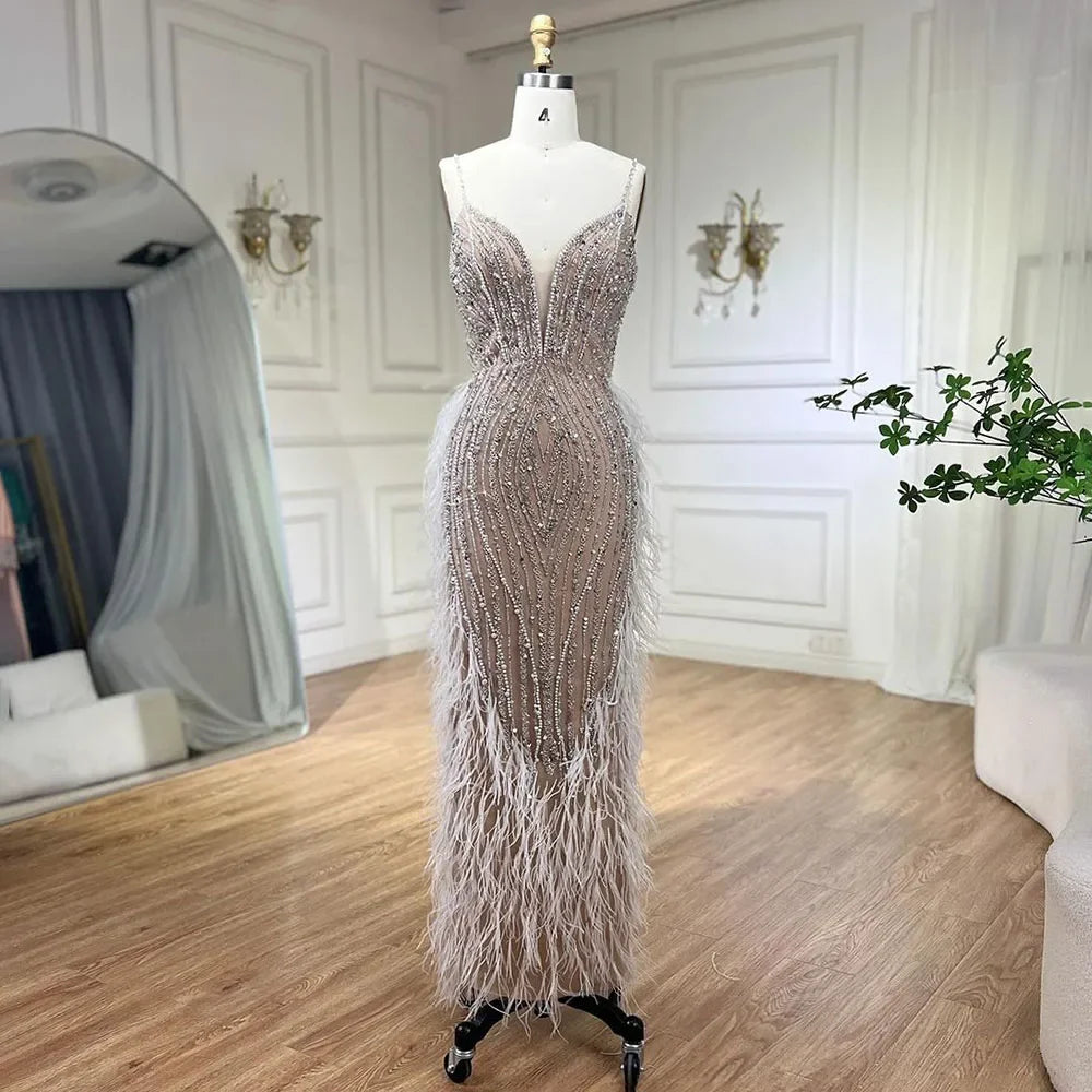 White Nude Beaded Feathers Evening Dress with Cape Sleeves LA72047A - SERENE HILL