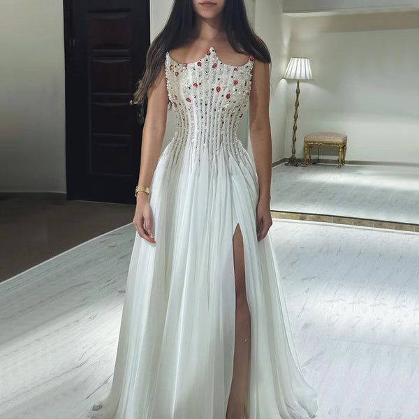 Luxury White Pearl Beaded Evening Dress Double Front Split LA72667