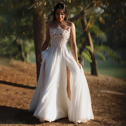 Luxury White Pearl Beaded Evening Dress Double Front Split LA72667 - SERENE HILL