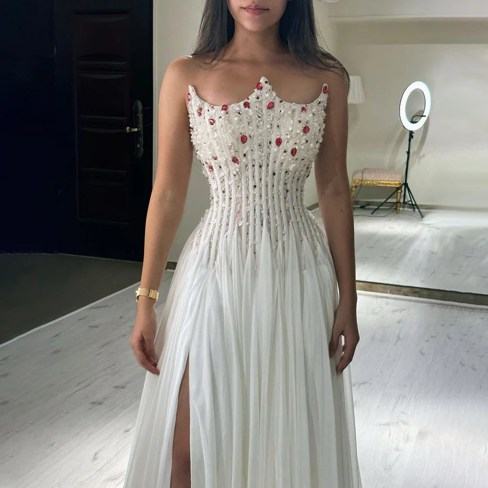 Luxury White Pearl Beaded Evening Dress Double Front Split LA72667 - SERENE HILL
