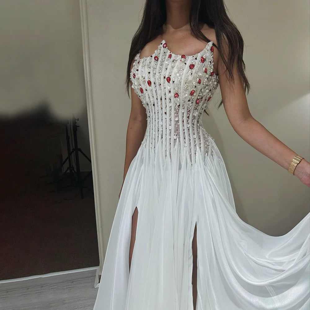 Luxury White Pearl Beaded Evening Dress Double Front Split LA72667 - SERENE HILL