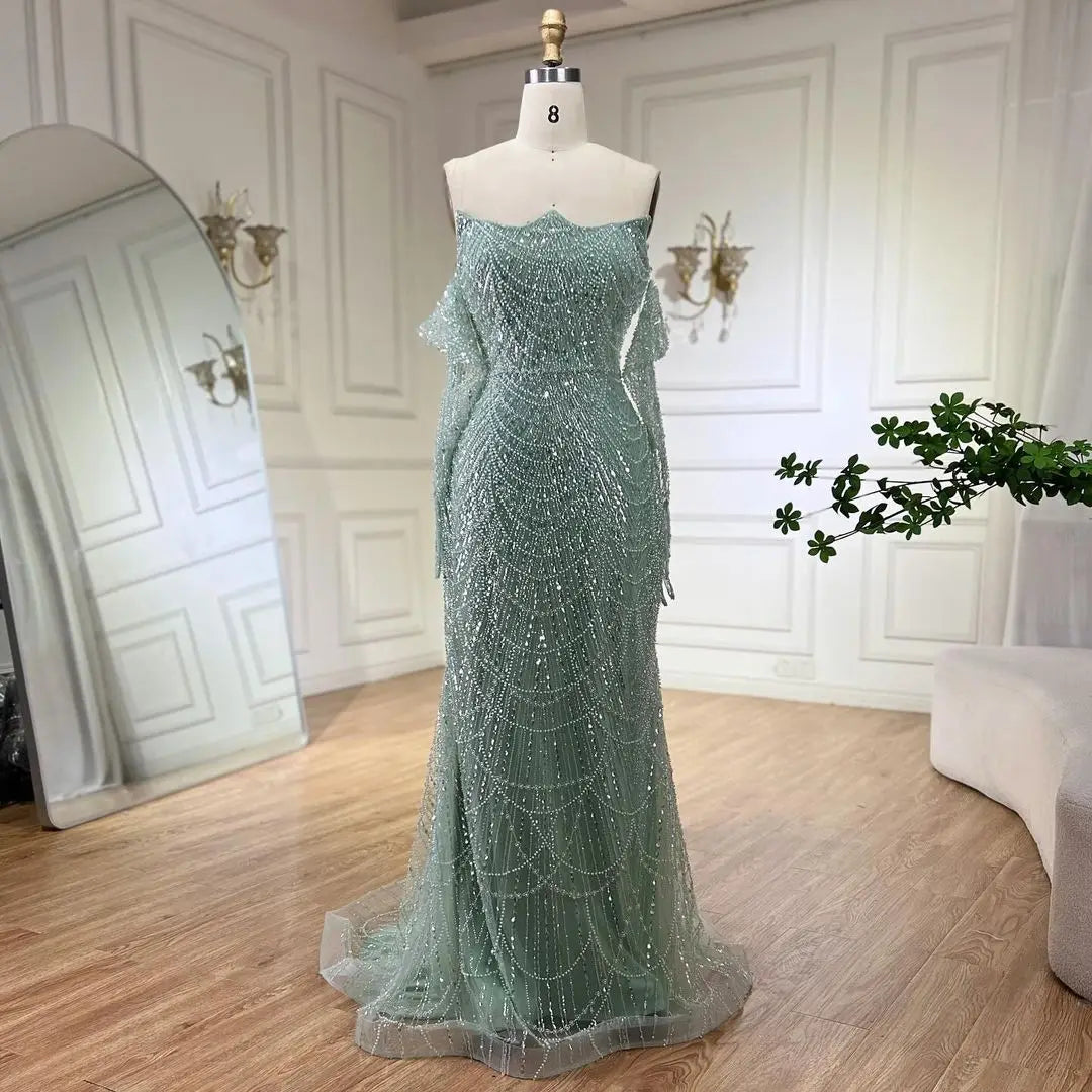 Luxury Pearls Green Mermaid Evening Dress with Gloves LA72352 Plush Size - SERENE HILL