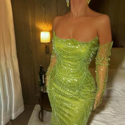 Luxury Pearls Green Mermaid Evening Dress with Gloves LA72352 Plush Size - SERENE HILL