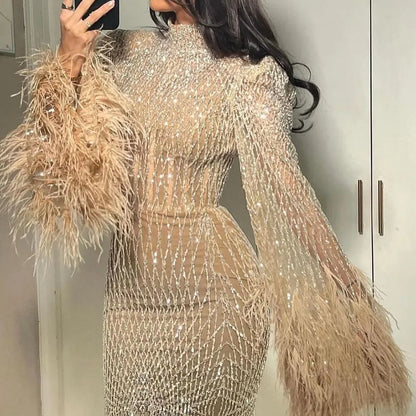 Serene Hill Women Wedding Party Dubai Gowns Nude Illusion Cut Out Lace Beaded Feathers Mermaid Long Evening Dresses LA72394 - SERENE HILL