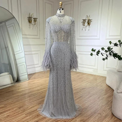Serene Hill Women Wedding Party Dubai Gowns Nude Illusion Cut Out Lace Beaded Feathers Mermaid Long Evening Dresses LA72394 - SERENE HILL