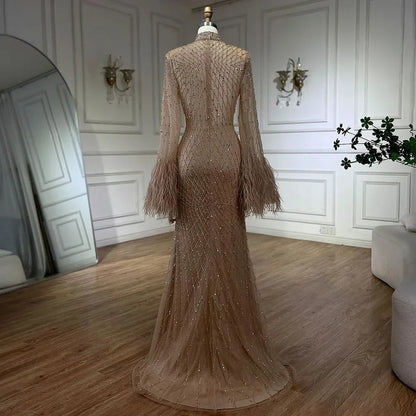 Serene Hill Women Wedding Party Dubai Gowns Nude Illusion Cut Out Lace Beaded Feathers Mermaid Long Evening Dresses LA72394 - SERENE HILL