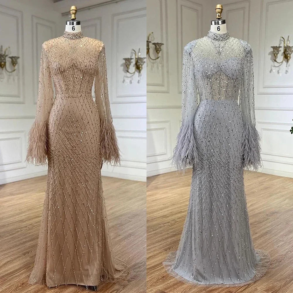 Serene Hill Women Wedding Party Dubai Gowns Nude Illusion Cut Out Lace Beaded Feathers Mermaid Long Evening Dresses LA72394 - SERENE HILL