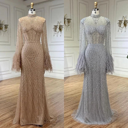 Serene Hill Women Wedding Party Dubai Gowns Nude Illusion Cut Out Lace Beaded Feathers Mermaid Long Evening Dresses LA72394 - SERENE HILL