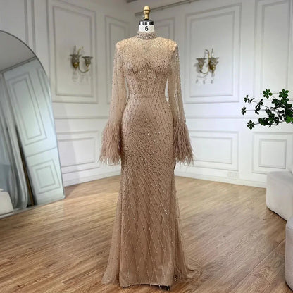 Serene Hill Women Wedding Party Dubai Gowns Nude Illusion Cut Out Lace Beaded Feathers Mermaid Long Evening Dresses LA72394 - SERENE HILL