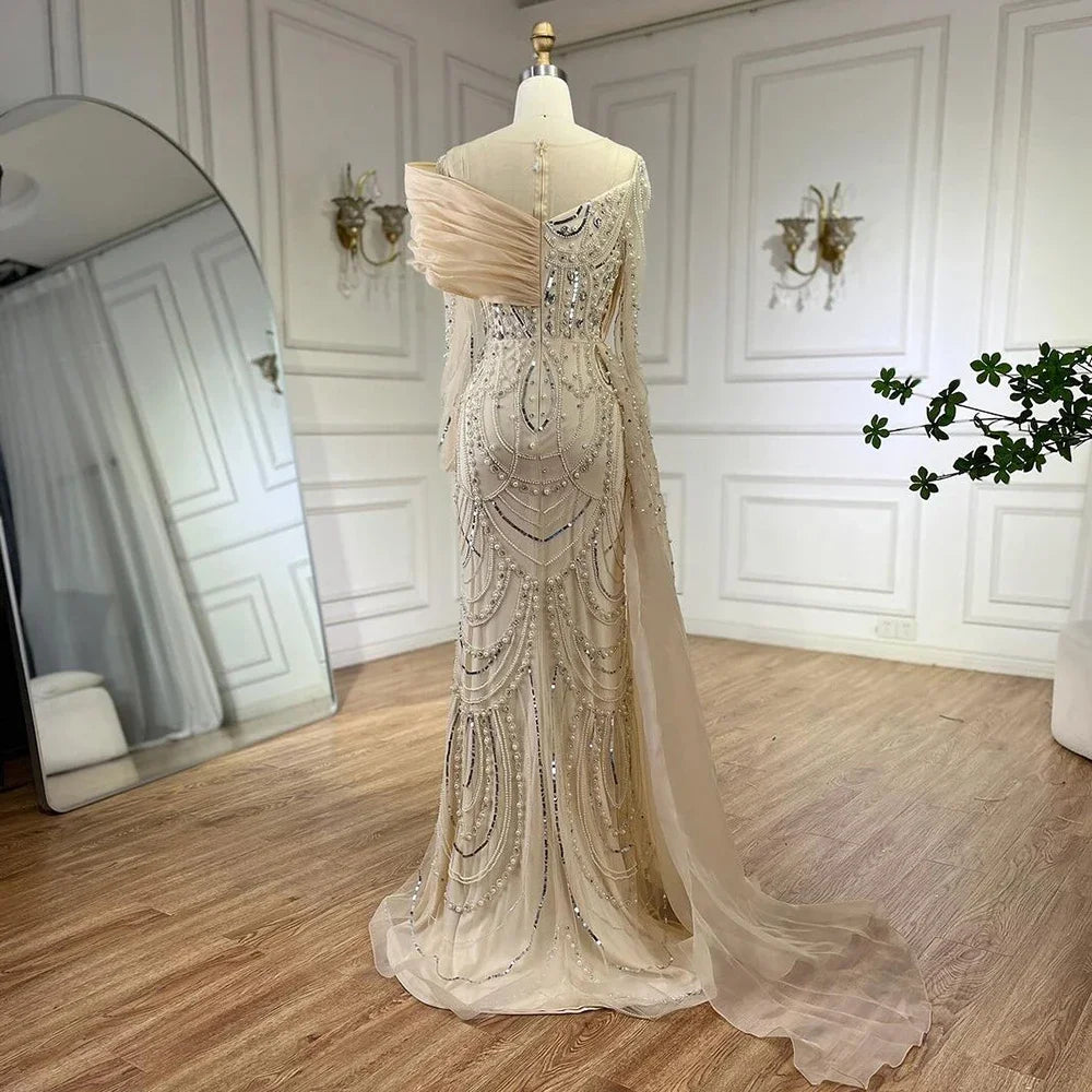 Luxury Designer Nude Crystal Mermaid Evening Dress with Overskirt LA72348 - SERENE HILL