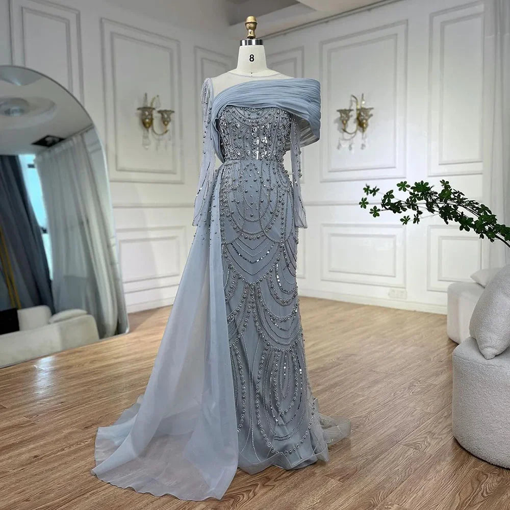 Luxury Designer Nude Crystal Mermaid Evening Dress with Overskirt LA72348 - SERENE HILL
