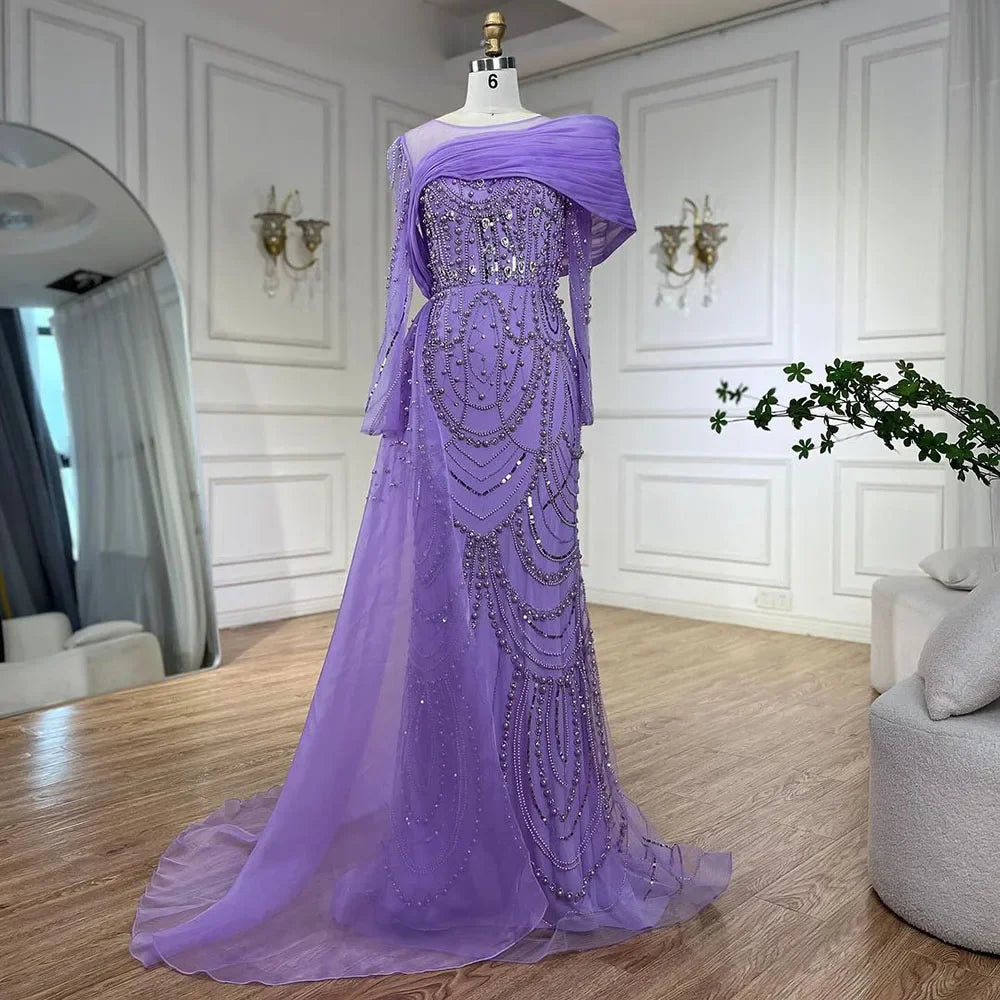 Luxury Designer Nude Crystal Mermaid Evening Dress with Overskirt LA72348 - SERENE HILL