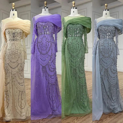 Luxury Designer Nude Crystal Mermaid Evening Dress with Overskirt LA72348 - SERENE HILL