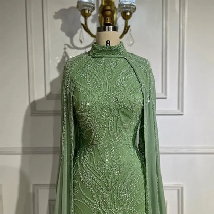 Serene Hill 2025 muslim Sage Green Mermaid Cape Sleeves Beaded Satin Luxury Evening Dresses Gowns for Women Party LA72413