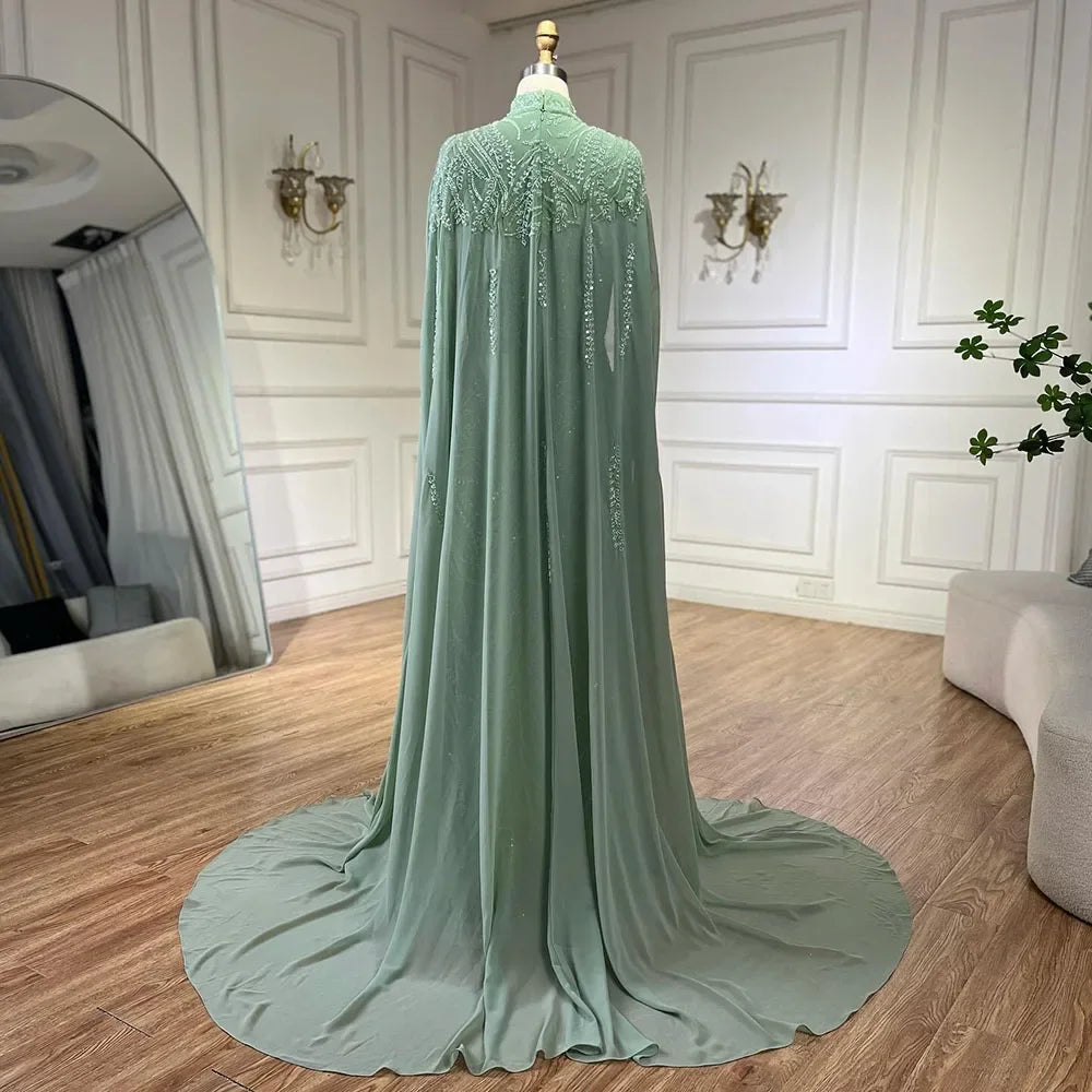 Luxury Dubai muslim Sage Green Mermaid Cape Sleeves Beaded Satin Luxury Evening Dresses Gowns for Women Party LA72413 Sage Green / 12
