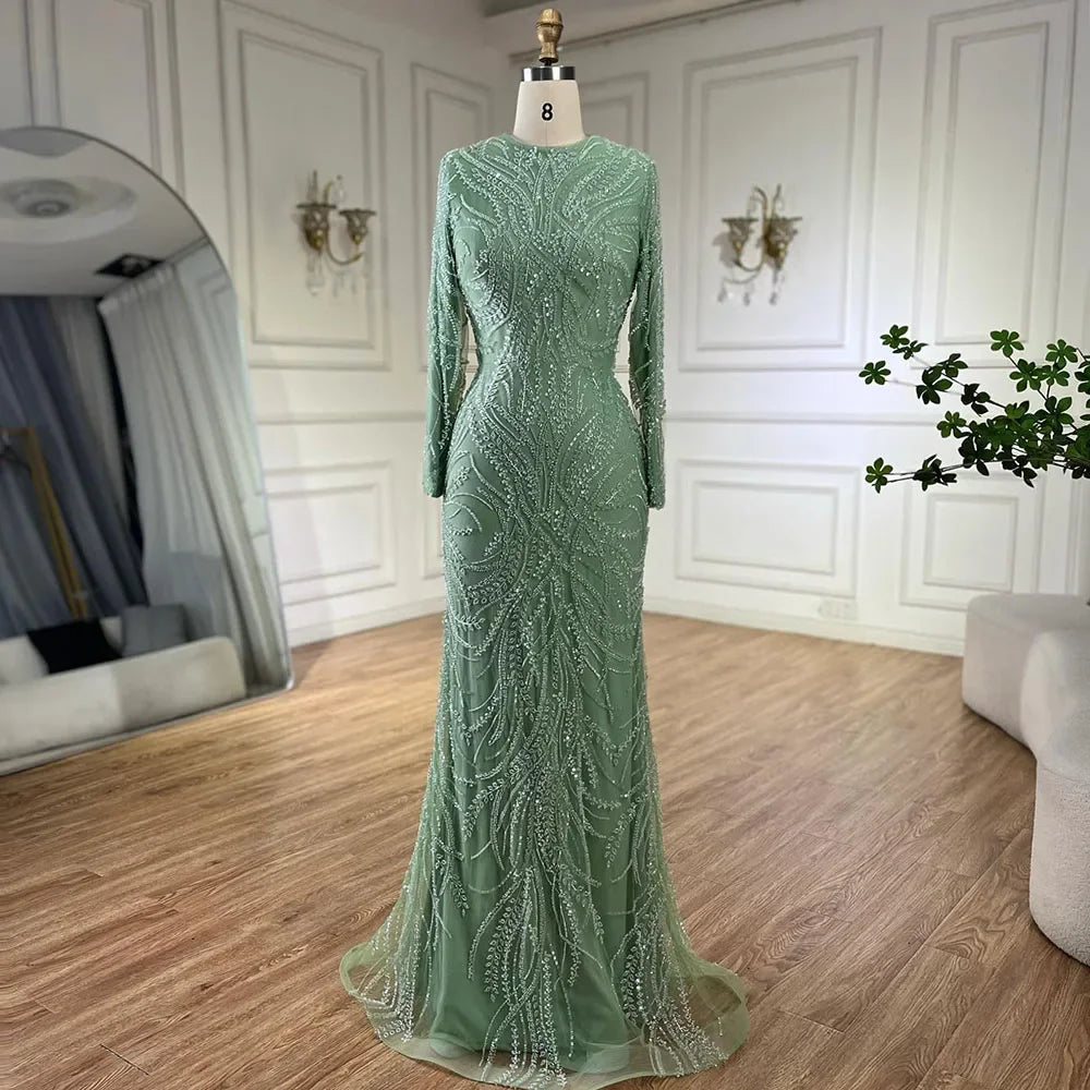 Luxury Dubai muslim Sage Green Mermaid Cape Sleeves Beaded Satin Luxury Evening Dresses Gowns for Women Party LA72413 Sage Green / 12 Luxury Dubai muslim Sage Green Mermaid Cape Sleeves Beaded Satin Luxury Evening Dresses Gowns for Women Party LA72413 Sage Green / 12