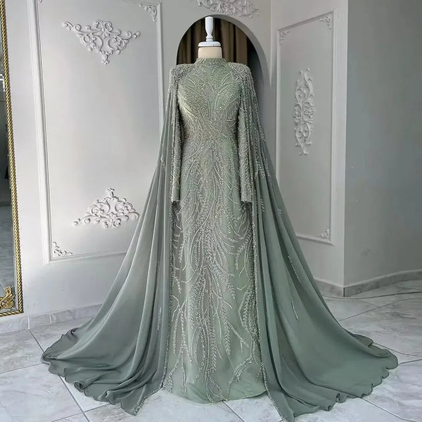 Serene Hill 2025 muslim Sage Green Mermaid Cape Sleeves Beaded Satin Luxury Evening Dresses Gowns for Women Party LA72413