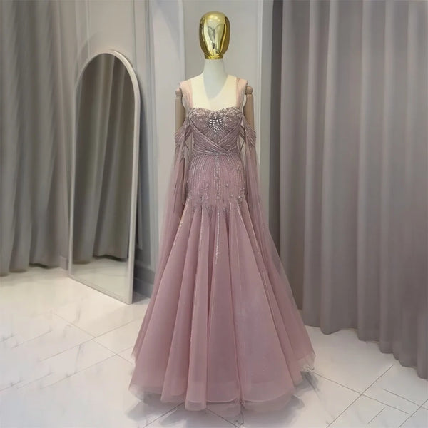 Luxury Dubai  pink Beaded Spaghetti Strap Design A-Line Evening Dresses Gowns with Cape Sleeves for Formal Occasion LA72726