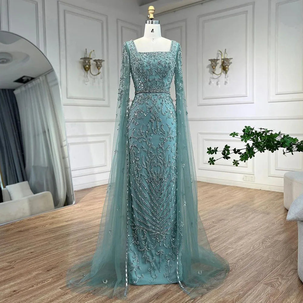 turquoise dresses women Luxury Dubai Turquoise Evening Dress with Cape Sleeves LA72400 White / 2